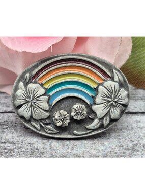 Ms Dee Pewter Brooch Enamel Rainbow Hibiscus Flower Matching Earrings Set